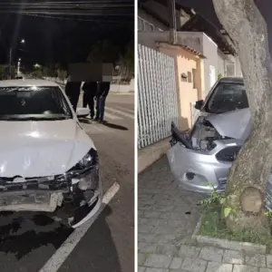 Motorista fica ferida em acidente com três carros e árvore