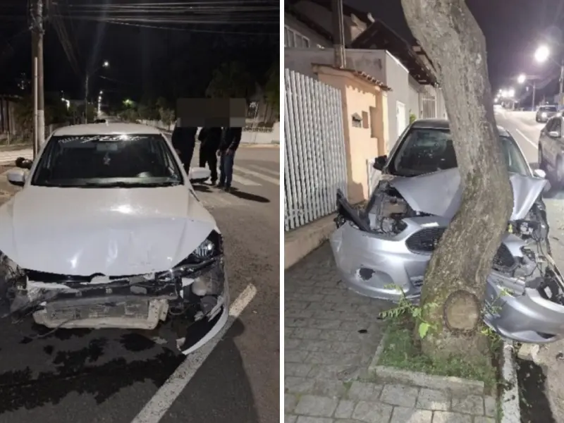 Motorista fica ferida em acidente com três carros e árvore