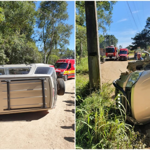 Carro tomba após colidir contra poste no interior de Mafra