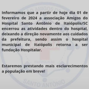 “É fake!” Associação desmente nota sobre desistência de administrar hospital de Itaiópolis