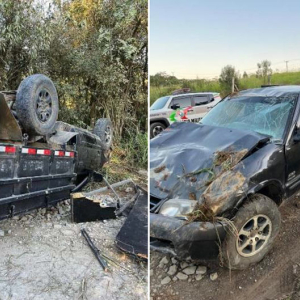 Camionete sai da pista, bate em barranco, atinge carro e capota
